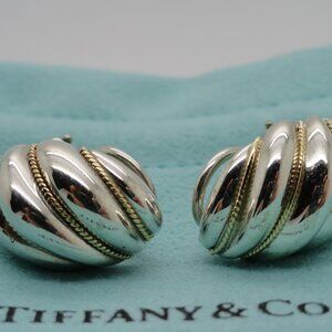 Tiffany & Co. Sterling Silver 18K Yellow Gold Dome Huggie Shell Clip on Earrings